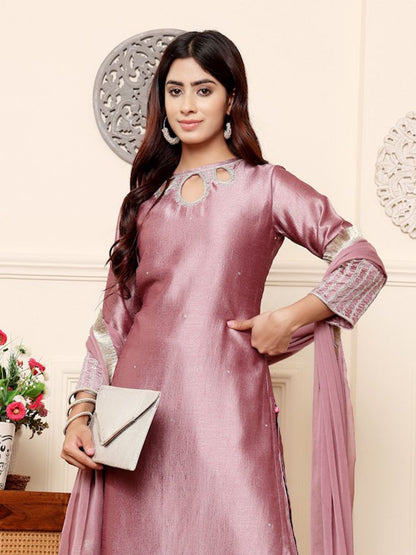 Dhiyona VA Women'sLavender Sequinned Straight Kurta with Trousers & Dupatta