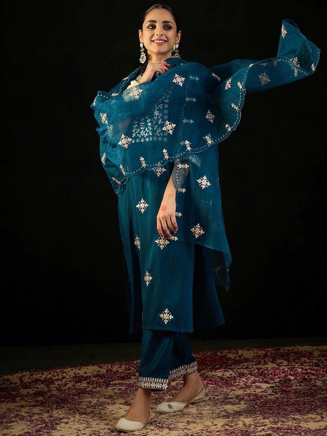 Dhiyona IE Ethnic Motifs Embroidered Gotta Patti Straight Kurta With Trousers & Dupatta