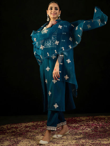 Dhiyona IE Ethnic Motifs Embroidered Gotta Patti Straight Kurta With Trousers & Dupatta