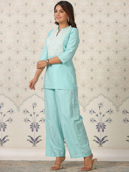 Dhiyona OD  Ethnic Motifs Embroidered Mirror Work Kurti with Palazzos