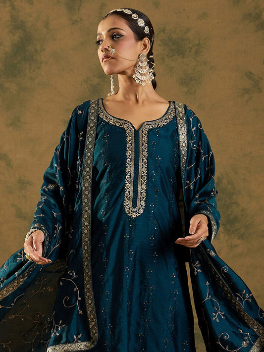 Dhiyona IE Floral Embroidered Sequinned Kurta with Trousers & Dupatta