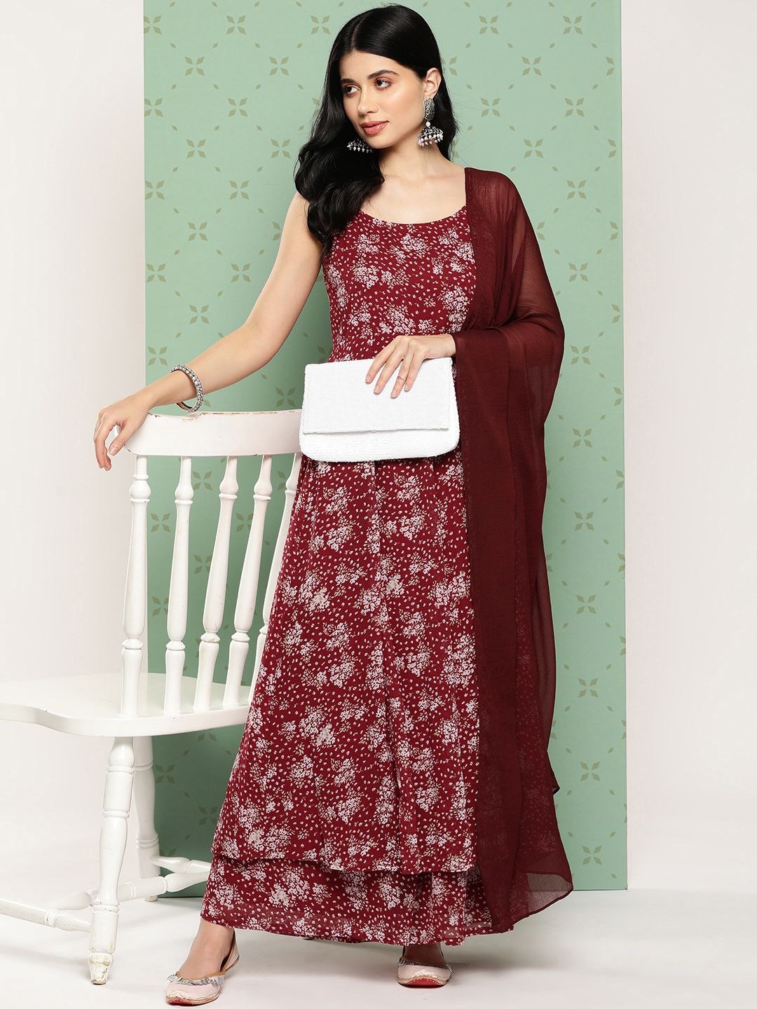 Dhiyona VA Women's Floral Printed Panelled Silk Georgette Kurta with Palazzos & With Dupatta