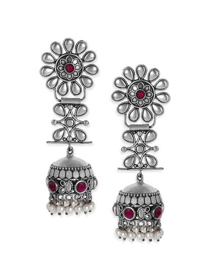 Dhiyona RJ Women's Oxidised Silver-Plated Jhumka Earrings with Ruby Red Stones and White Pearl Beads