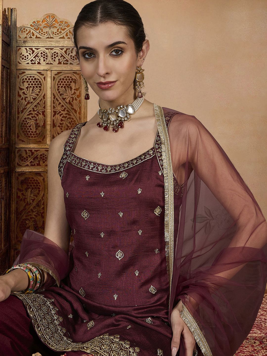 Dhiyona PD Women Embroidered Kurta, Palazzo & Dupatta Set