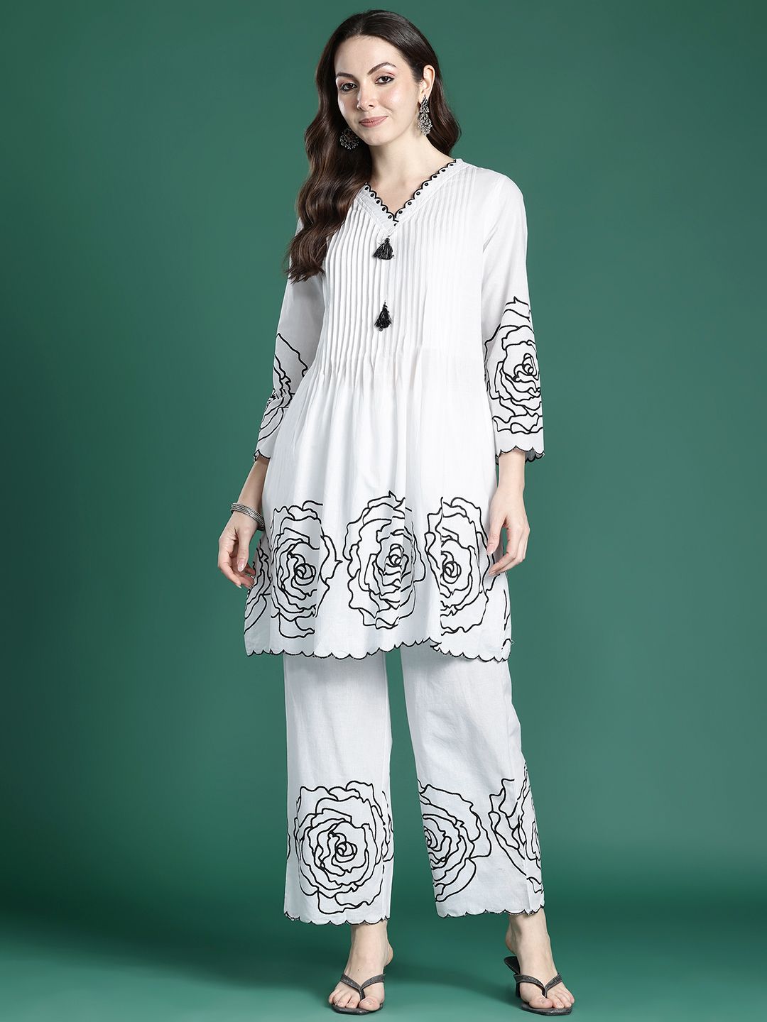 Floral Printed Pleated Mirror Work Pure Cotton Kurta with Palazzos