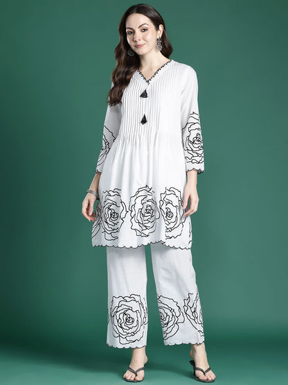 Floral Printed Pleated Mirror Work Pure Cotton Kurta with Palazzos