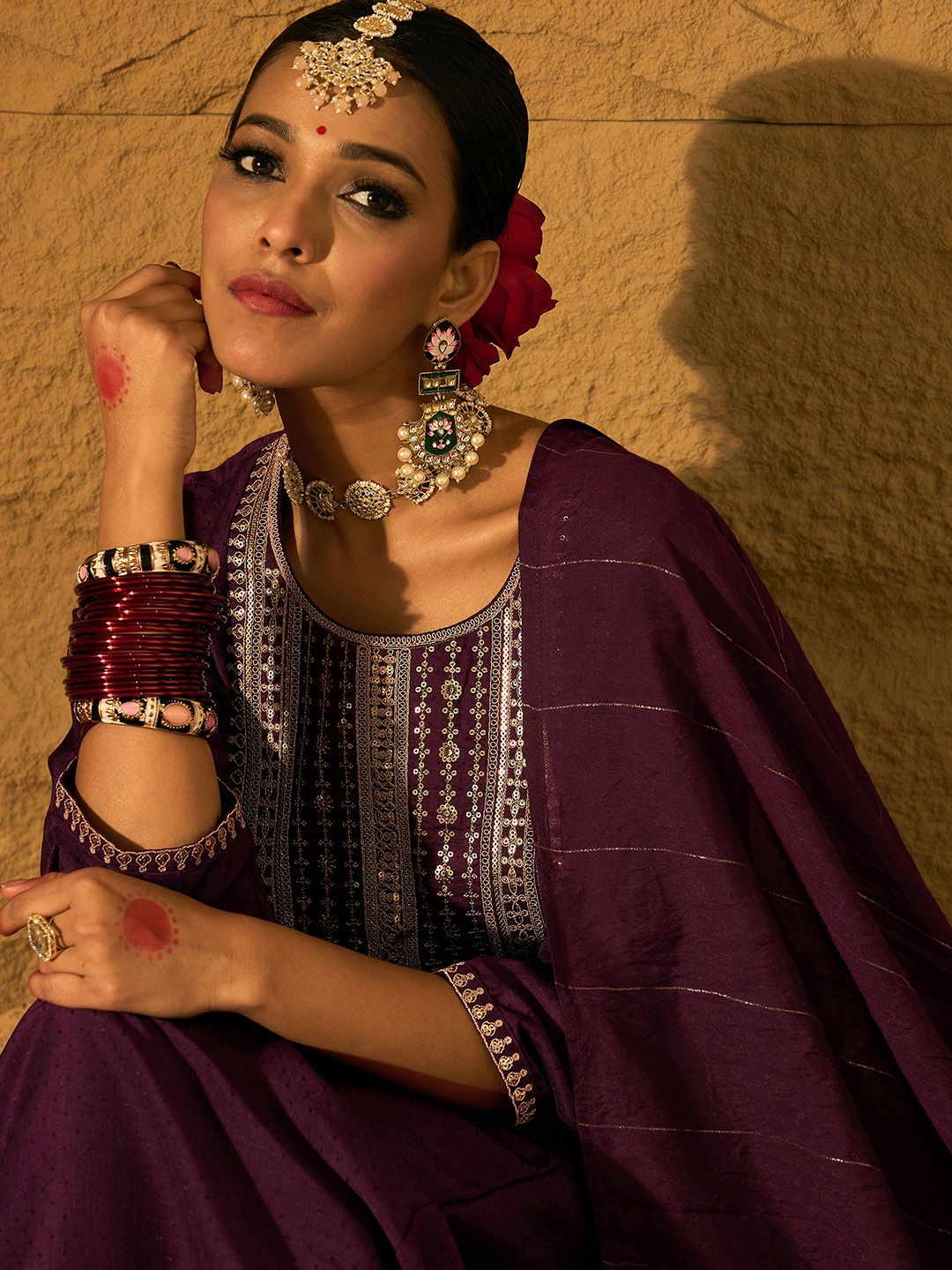 Dhiyona IE Burgundy Floral Embroidered Sequinned Dobby Weave Kurta with Trousers & Dupatta