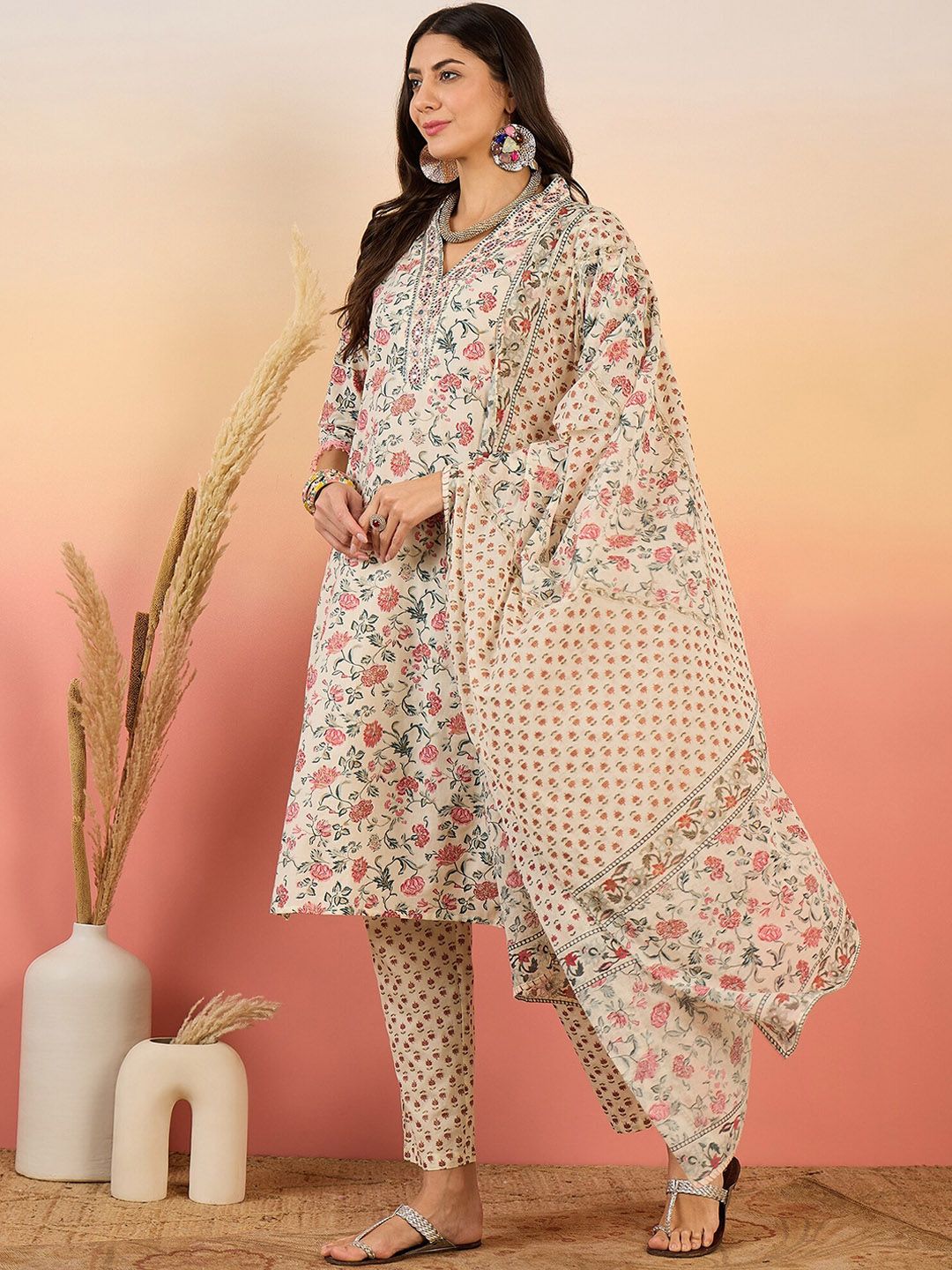Dhiyona SN Women's Floral Printed Pure Cotton V Neck Kurta With Trousers & Dupatta