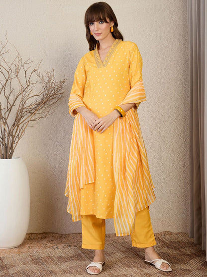 Dhiyona IE Bandhani Printed Straight Kurta With Trouser & Dupatta