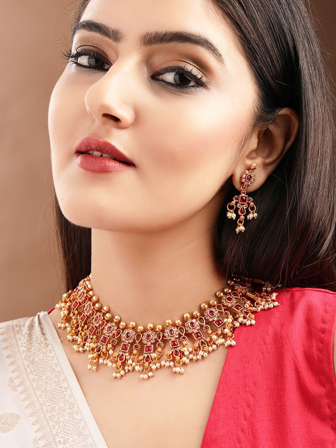 Dhiyona RJ Women's 22K Gold-Plated Ruby Kundan & Cubic Zirconia Studded Necklace Set with Pearl Beads