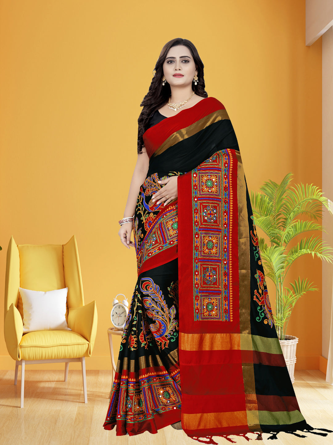 Dhiyona RV Women's Cotton Silk Heavy Kutchi Work With Peacock Design Embroidered Saree  ( KVD729 )