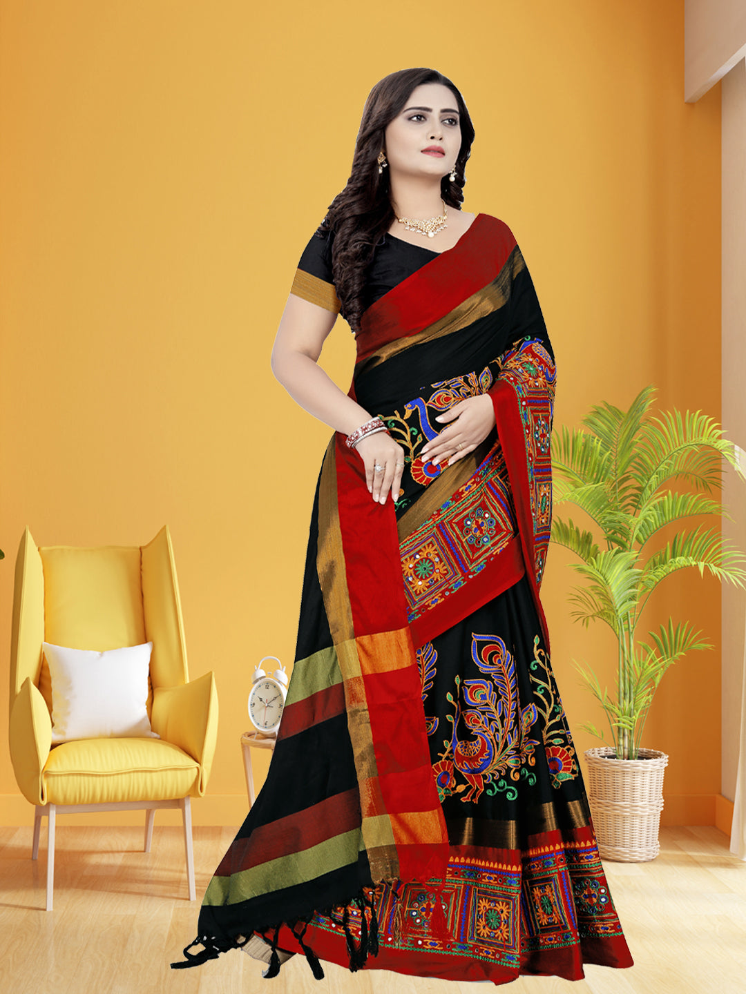 Dhiyona RV Women's Cotton Silk Heavy Kutchi Work With Peacock Design Embroidered Saree  ( KVD729 )