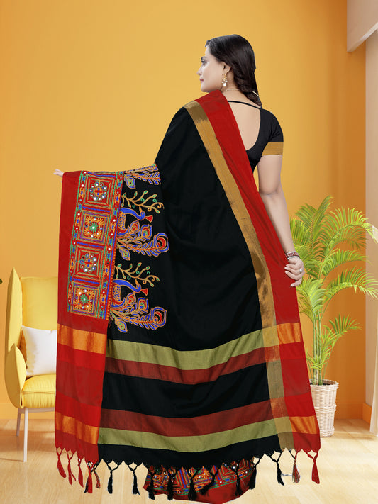 Dhiyona RV Women's Cotton Silk Heavy Kutchi Work With Peacock Design Embroidered Saree  ( KVD729 )