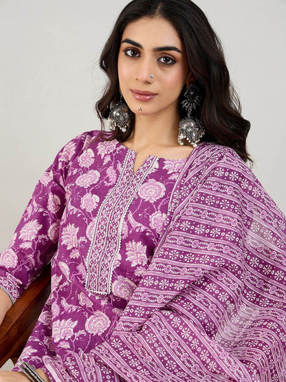 Dhiyona IE Floral Printed Gotta Patti Pure Cotton Straight Kurta with Trouser & Dupatta