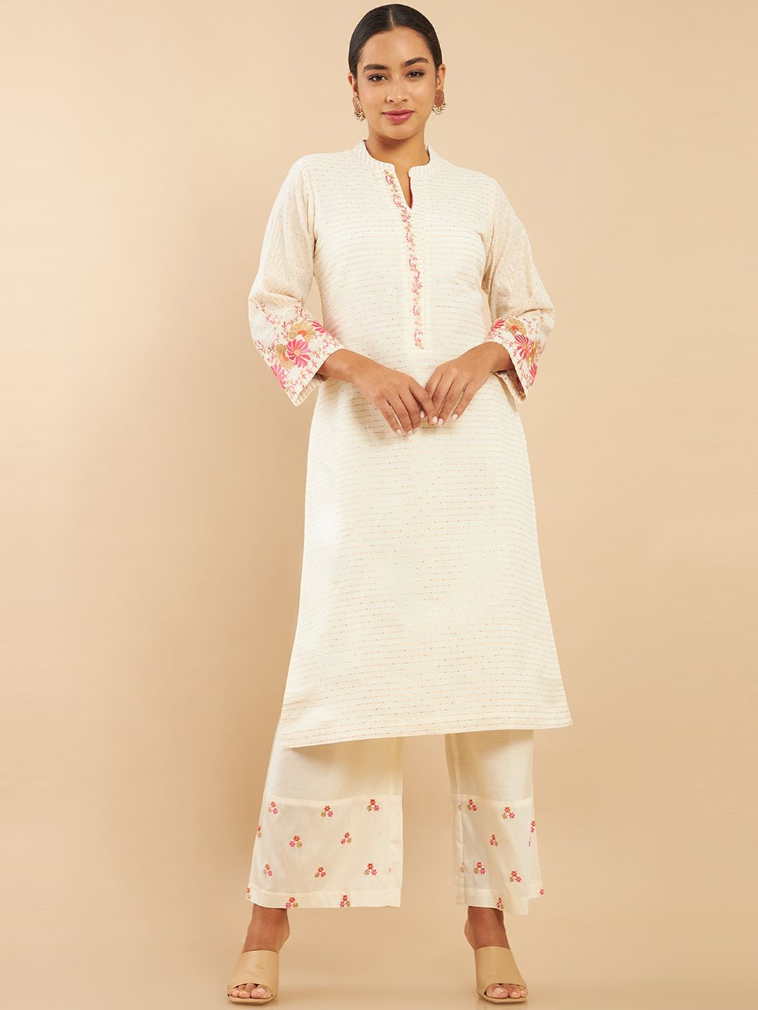 Dhiyona SO Women's Women Off-White Embroidered Panelled Pure Cotton Kurta with Trousers
