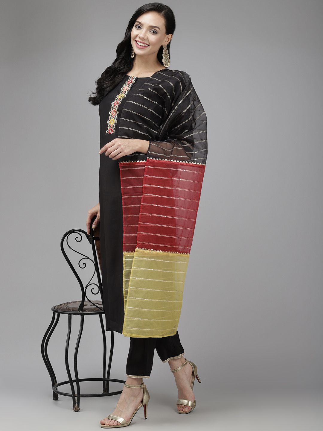 Women Black Regular Thread Work Liva Kurta with Trousers & Dupatta