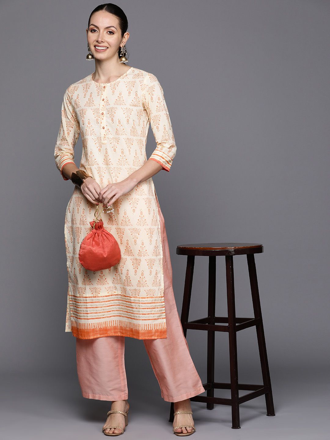 Dhiyona IE Ethnic Motifs Foil Printed Pure Cotton Straight Kurta