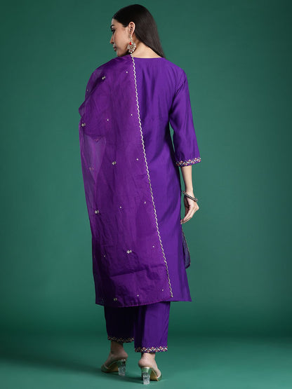Ethnic Motifs Embroidered Sequinned Kurta with Trousers & With Dupatta