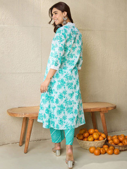 Floral Printed V-Neck Pure Cotton A-Line Kurta With Trousers