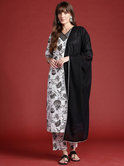 Floral Printed Mirror Work Pure Cotton Kurta With Trousers & Dupatta