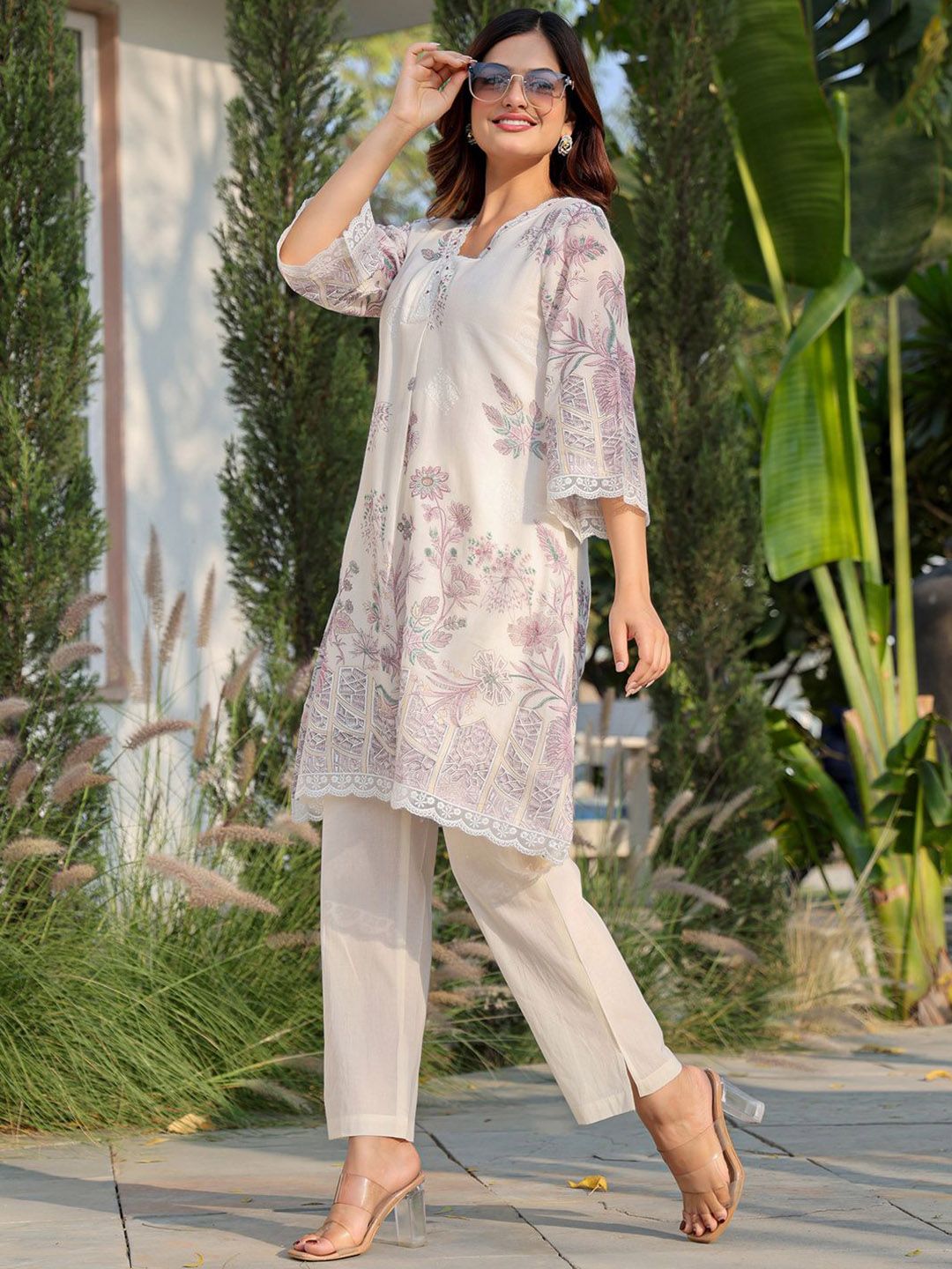 Floral Printed V Neck A Line Pure Cotton Kurta With Trousers