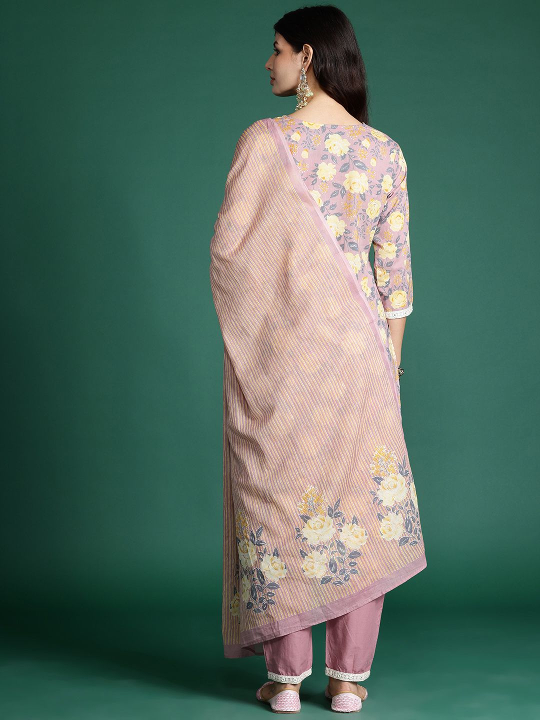 Women Floral Printed Thread Work Pure Cotton Kurta With Trousers & Dupatta
