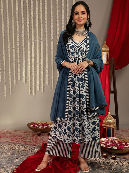 Dhiyona VA Women'sFloral Printed V-Neck Pure Cotton Empire A-Line Kurta & Palazzo With Dupatta