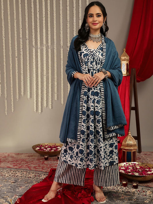 Dhiyona VA Women'sFloral Printed V-Neck Pure Cotton Empire A-Line Kurta & Palazzo With Dupatta