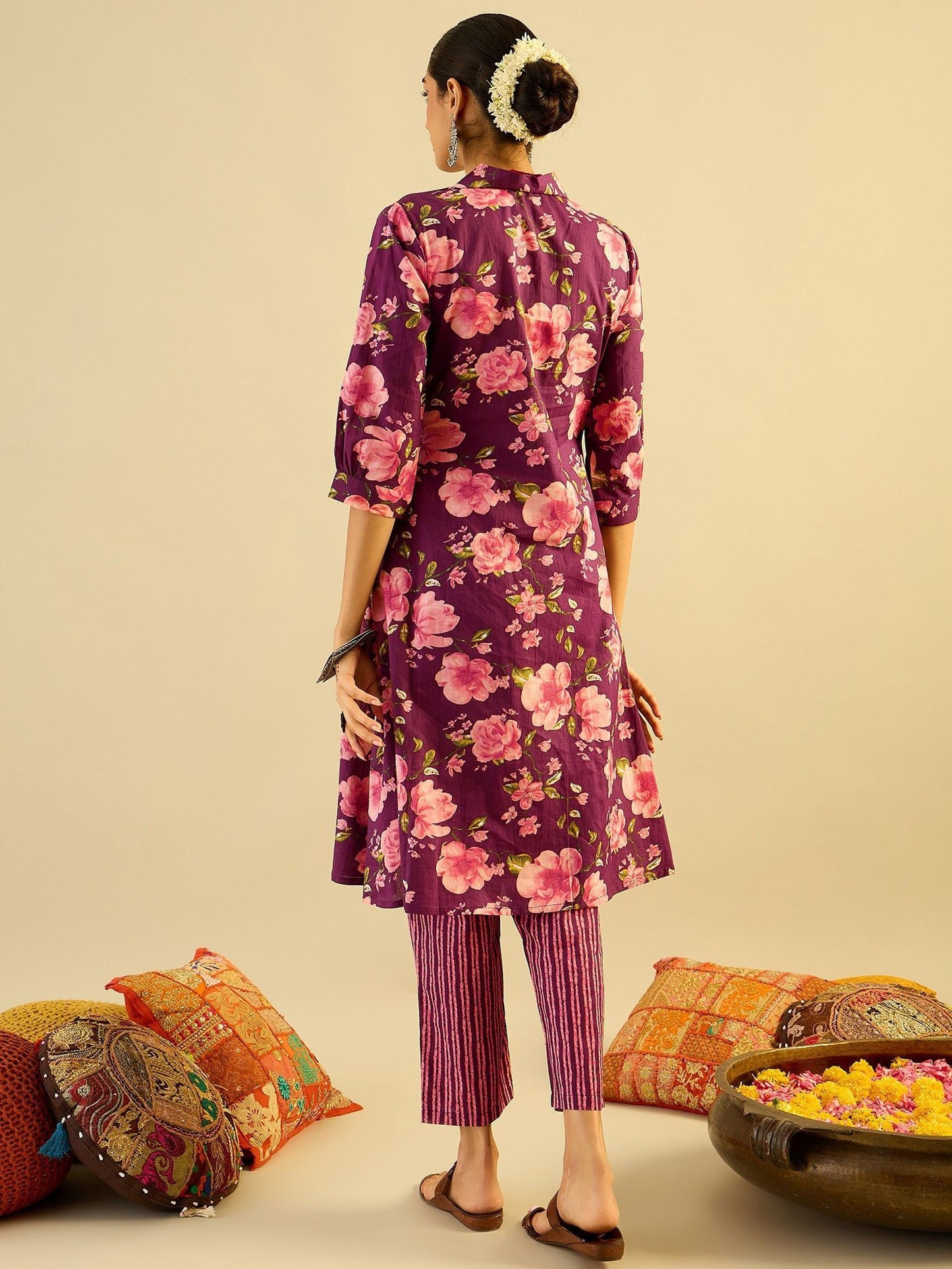 Floral Printed V-Neck Pure Cotton A-Line Kurta with Trouser