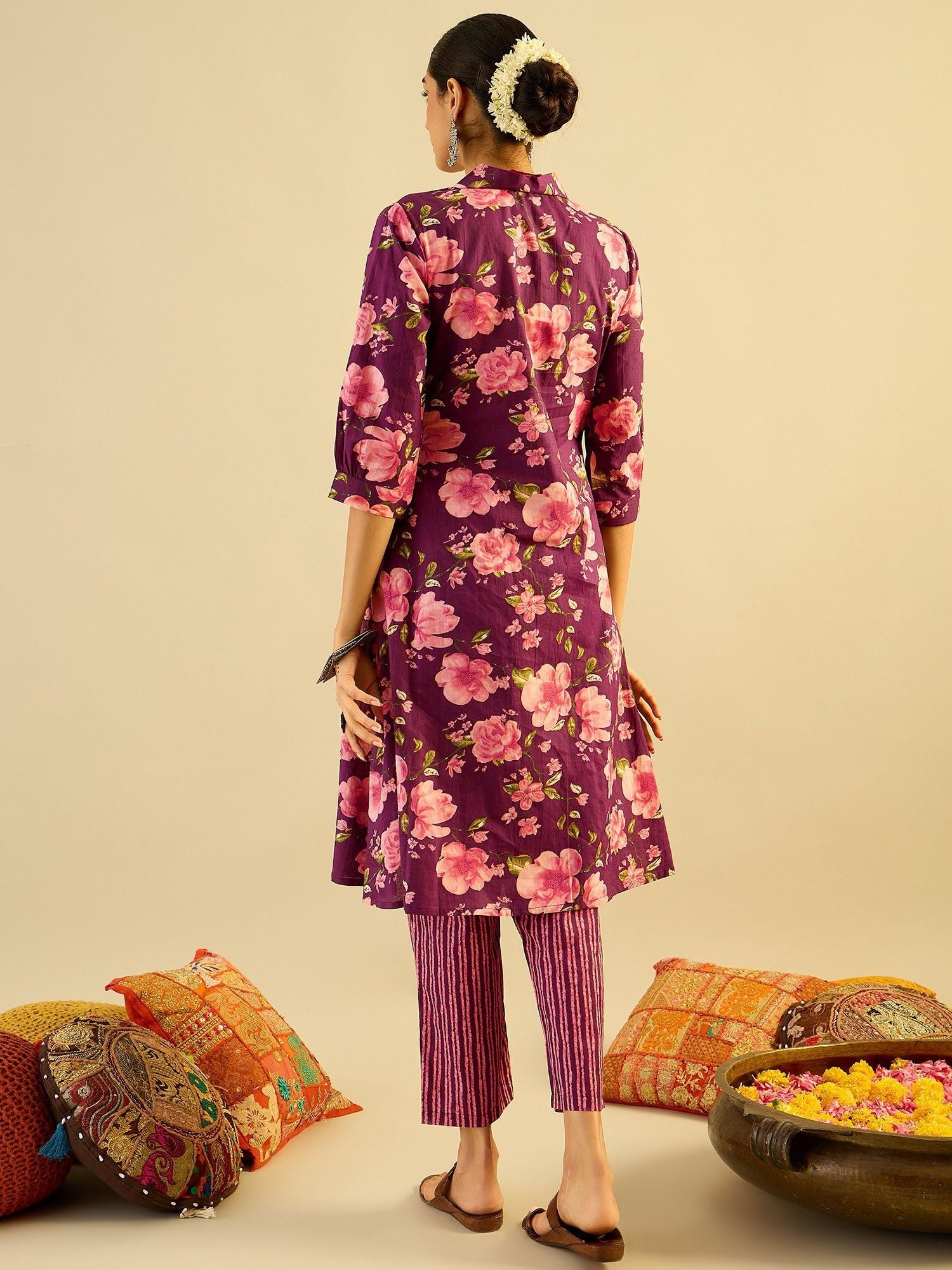 Floral Printed V-Neck Pure Cotton A-Line Kurta with Trouser