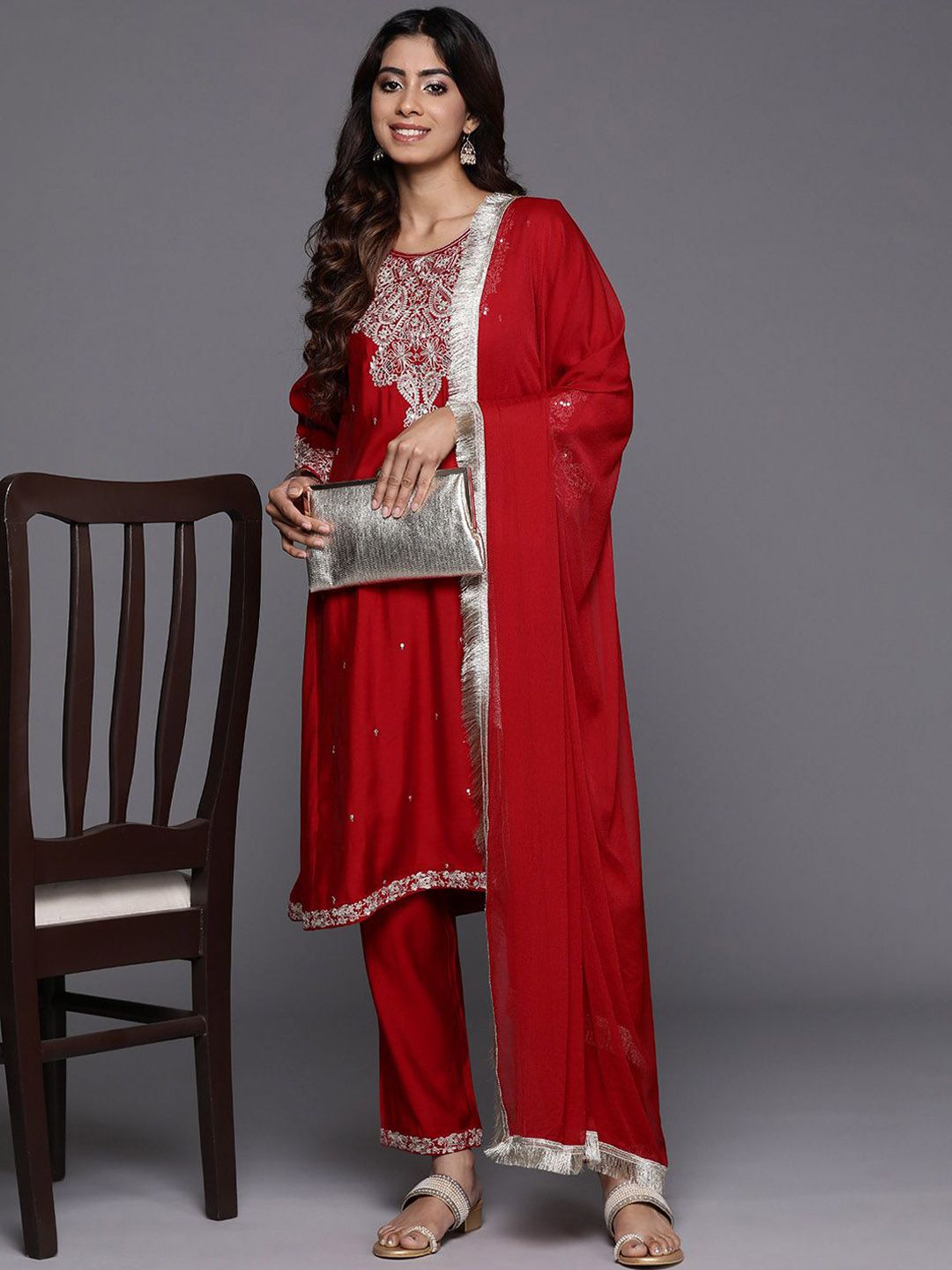 Dhiyona VA Women'sFloral Embroidered Sequinned A-Line Kurta with Trousers with Dupatta
