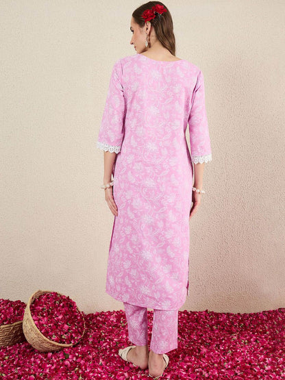 Dhiyona IE Women Floral Printed Cotton Kurta with Trousers