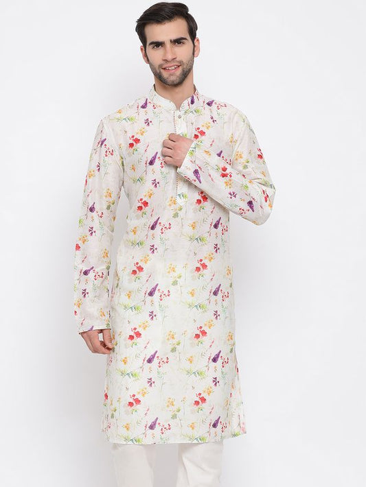 Men's Cream Cotton Blend Straight Kurta