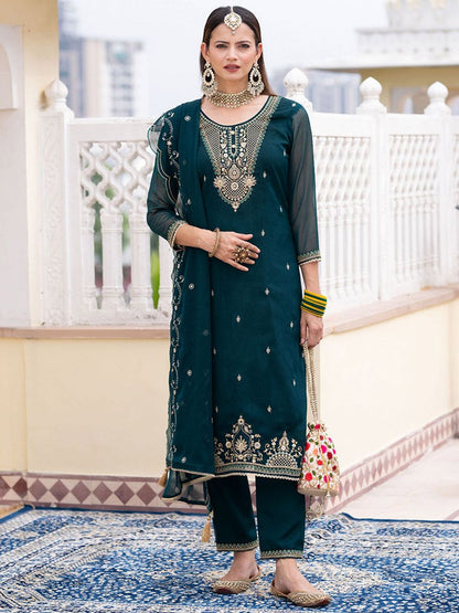 Dhiyona CH Embroidered Round Neck Thread Work Straight Kurta With Trousers & Dupatta