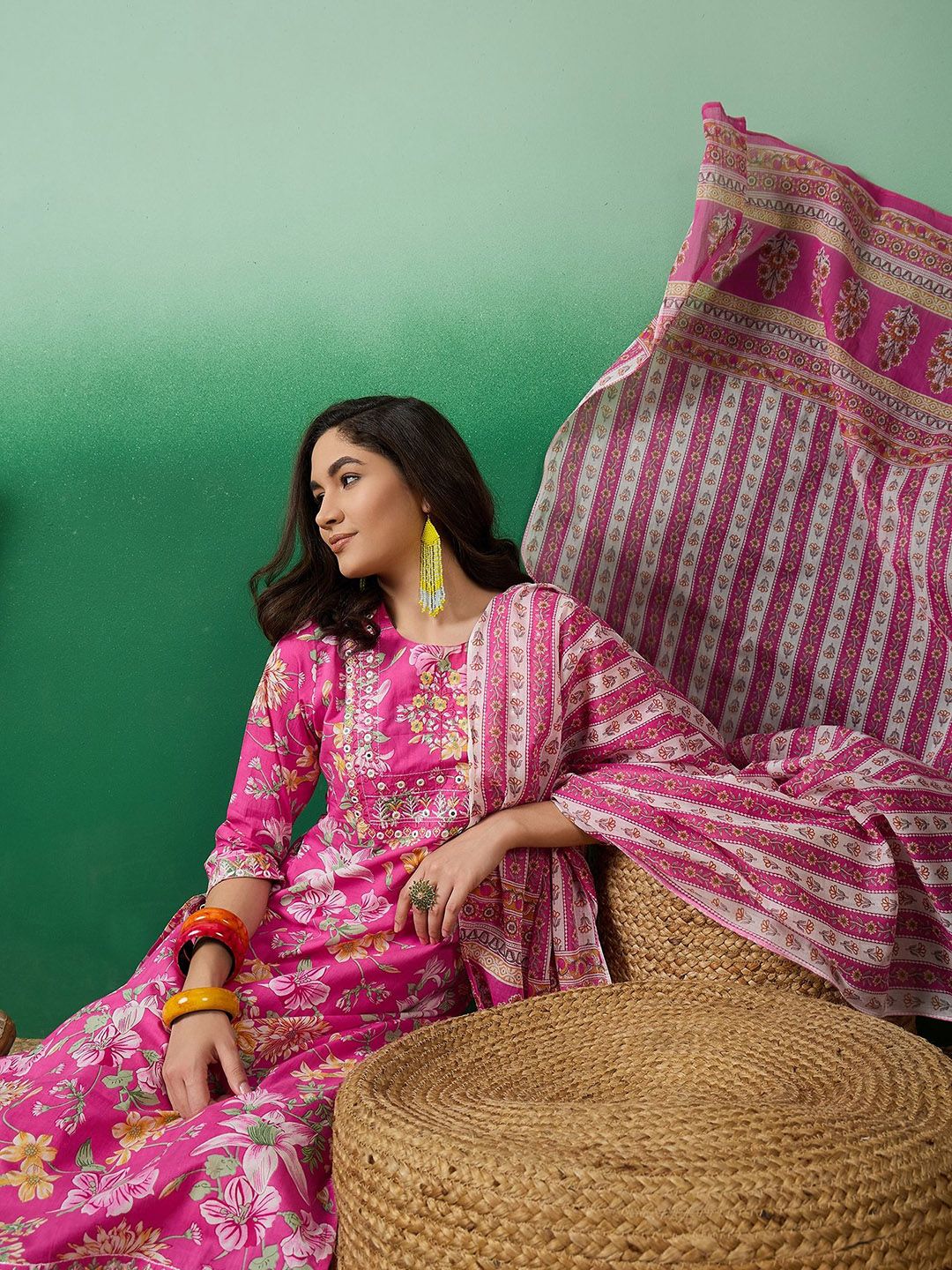 Dhiyona SN Women's Printed Pure Cotton Straight Kurta With Trousers & Dupatta