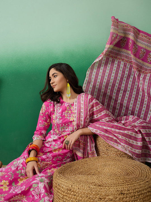 Dhiyona SN Women's Printed Pure Cotton Straight Kurta With Trousers & Dupatta