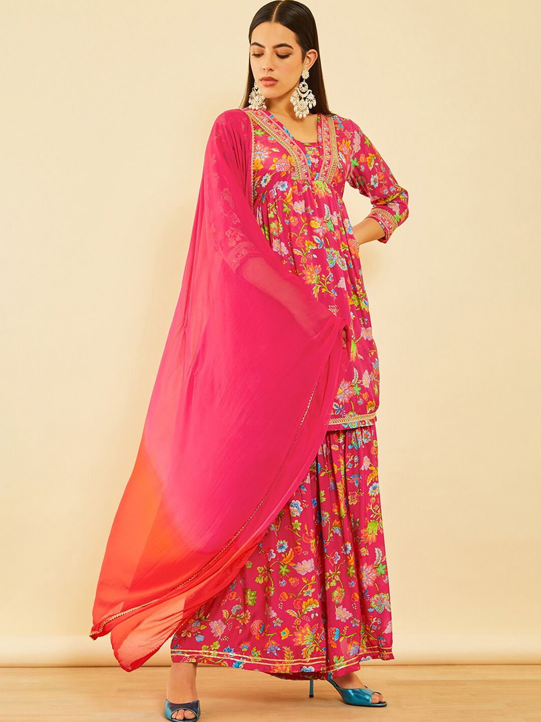 Dhiyona SO Women's Floral Printed Sequinned A-Line Kurta with Sharara With Dupatta