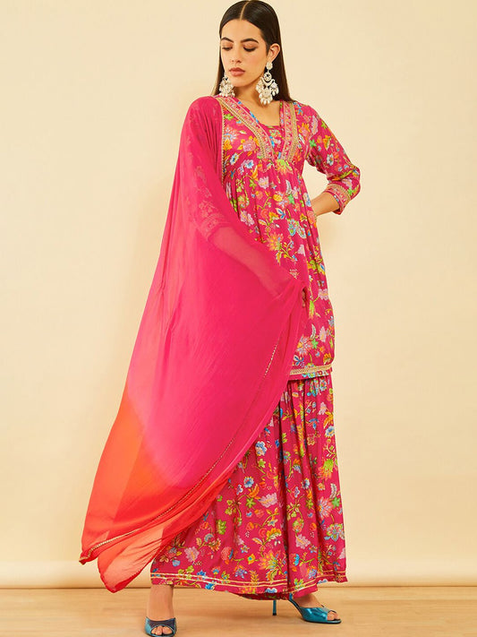 Dhiyona SO Women's Floral Printed Sequinned A-Line Kurta with Sharara With Dupatta