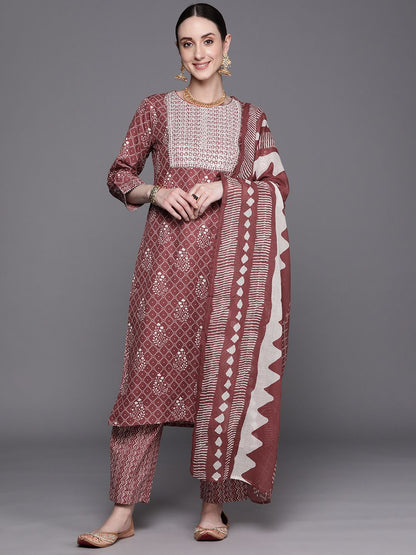 Dhiyona IE Bandhani Printed Regular Thread Work Pure Cotton Kurta With Trousers & Dupatta