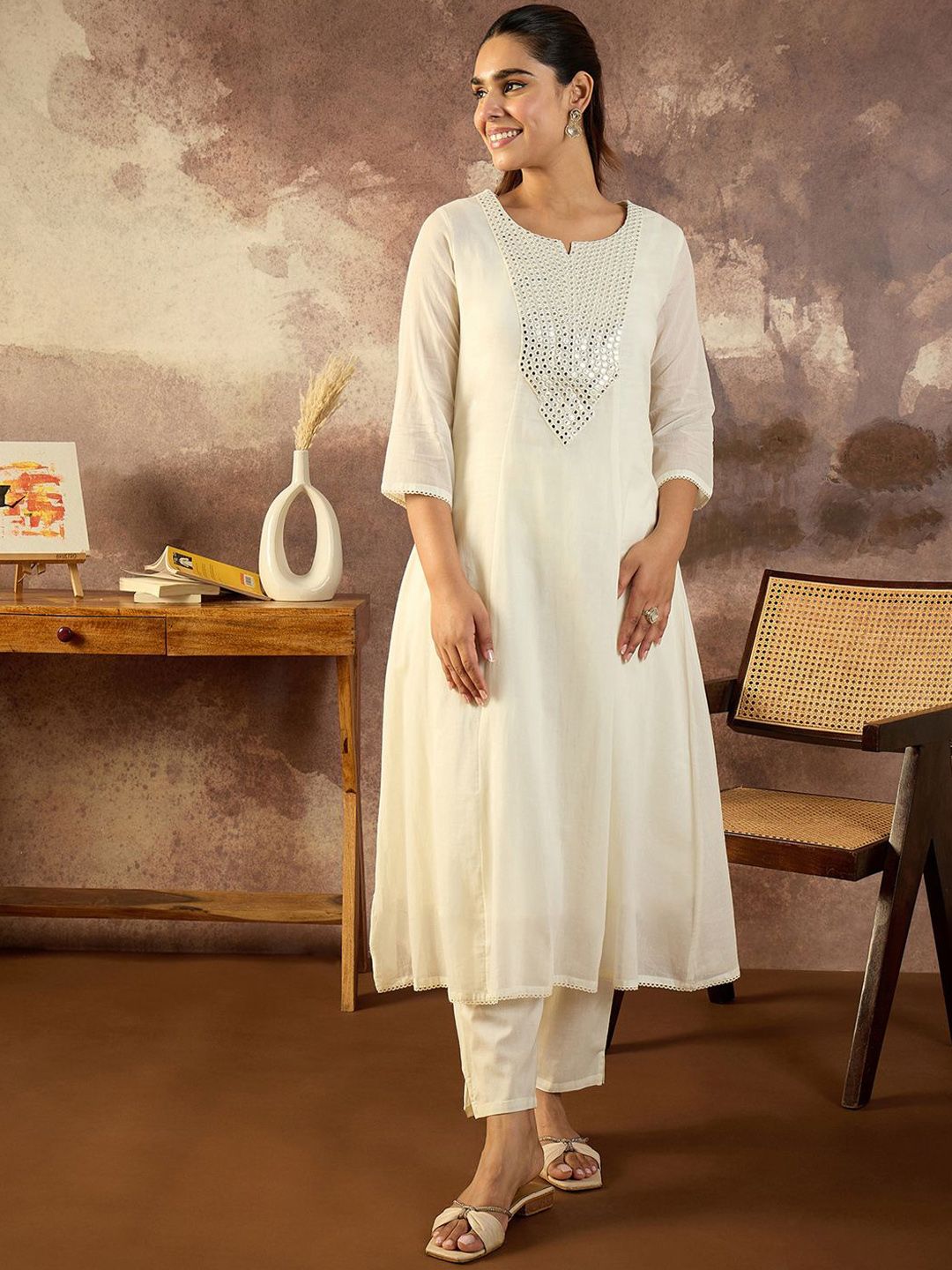 Embroidered Mirror Work Pure Cotton Straight Kurta With Trousers & Dupatta