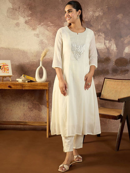Embroidered Mirror Work Pure Cotton Straight Kurta With Trousers & Dupatta