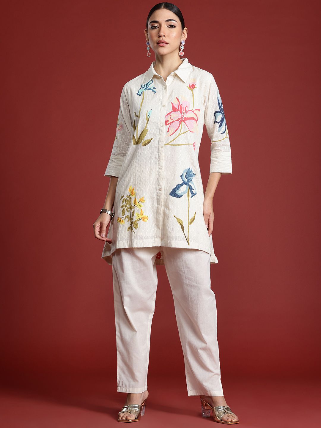 Dhiyona IE Floral Printed Pure Cotton Kurti with Trousers