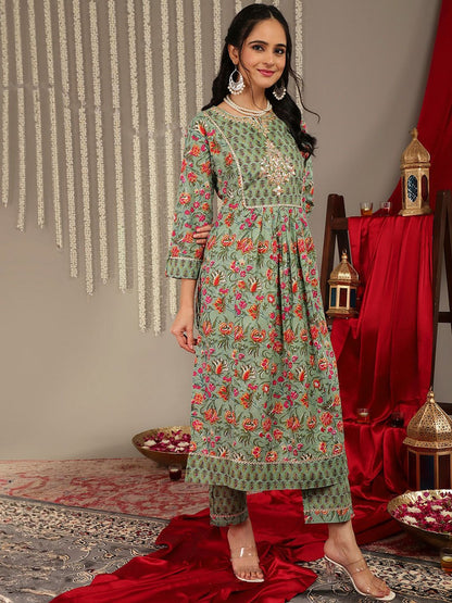 Dhiyona VA Women'sFloral Printed Gotta Patti Regular Kurta with Trousers & With Dupatta