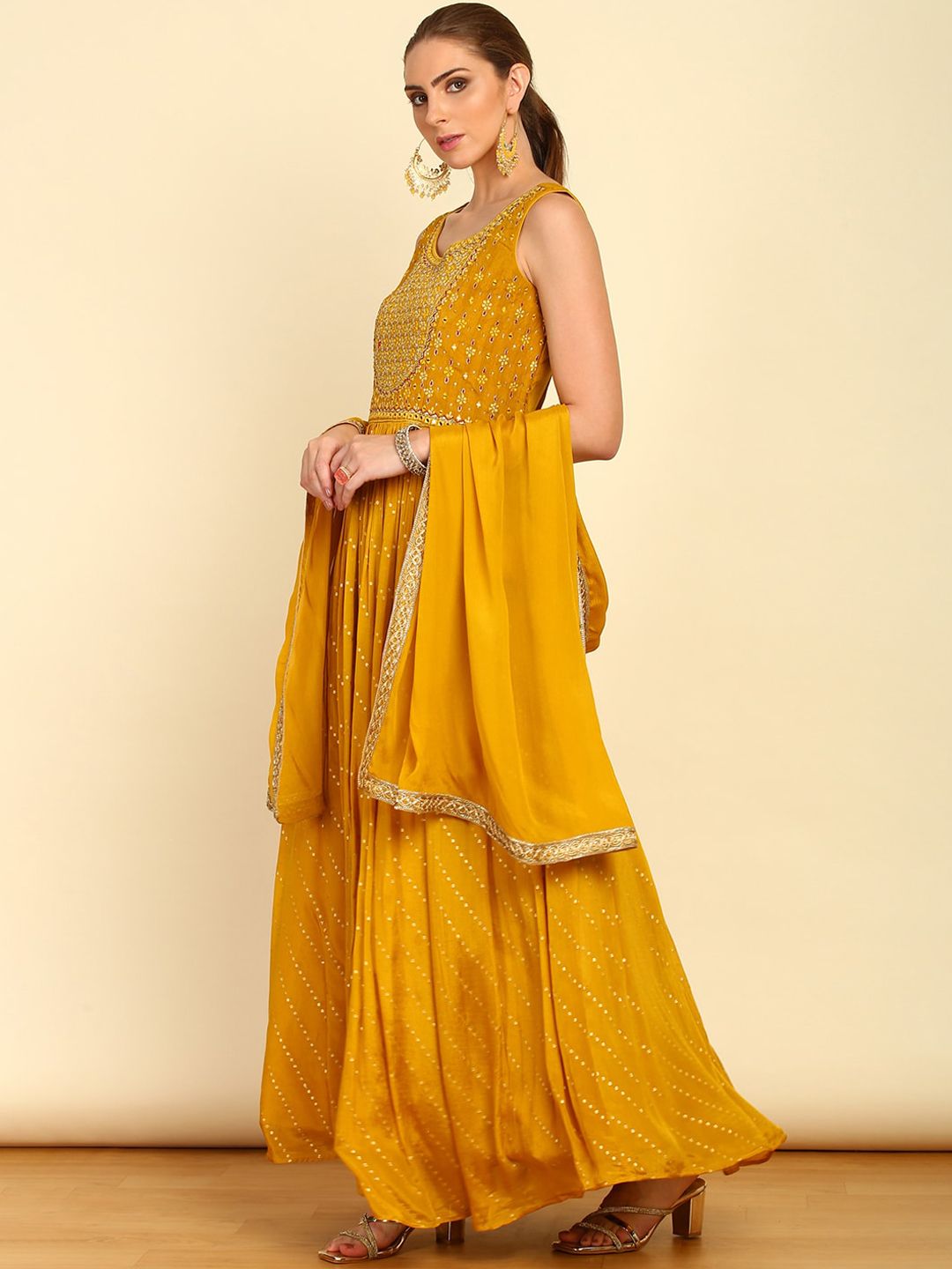 Dhiyona SO Women's Mustard Yellow Floral Embroidered Sequinned Anarkali Kurta with Churidar & Dupatta