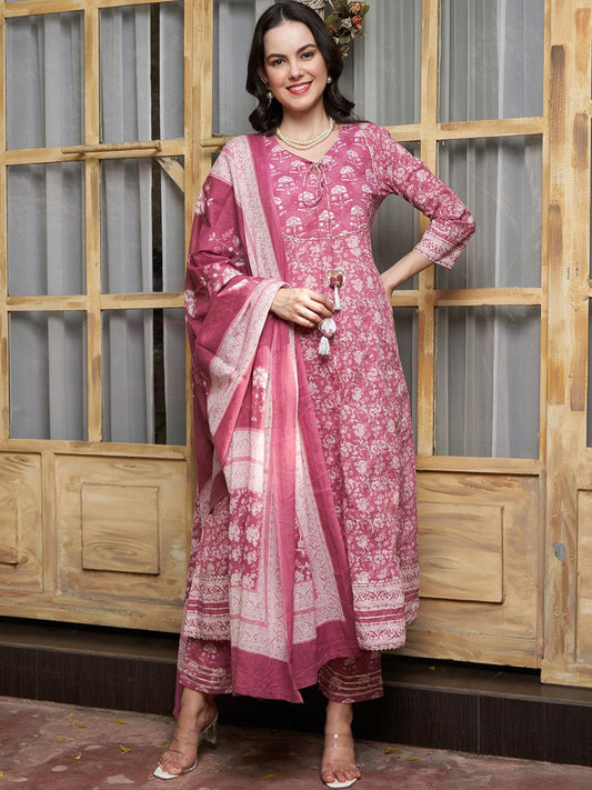 Dhiyona SN Women's Ethnic Motifs Printed Pure Cotton Kurta with Trousers & With Dupatta