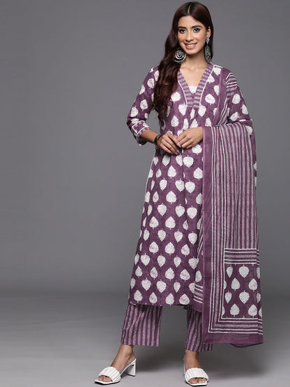 Dhiyona VA Women'sFloral Printed Sequinned Pure Cotton Kurta with Trousers & Dupatta