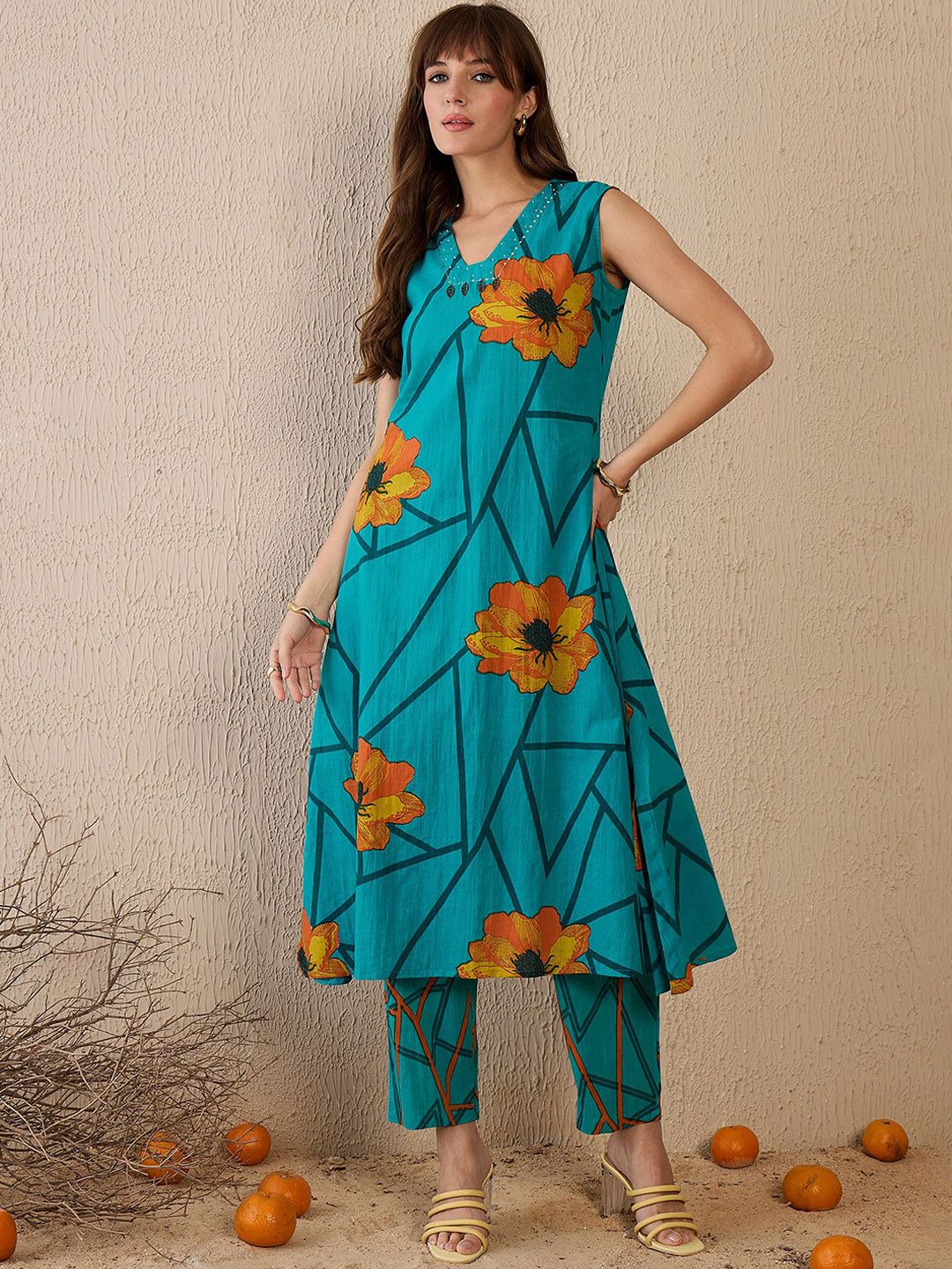 Dhiyona IE Floral Printed Pure Cotton A-Line Tunic With Trouser