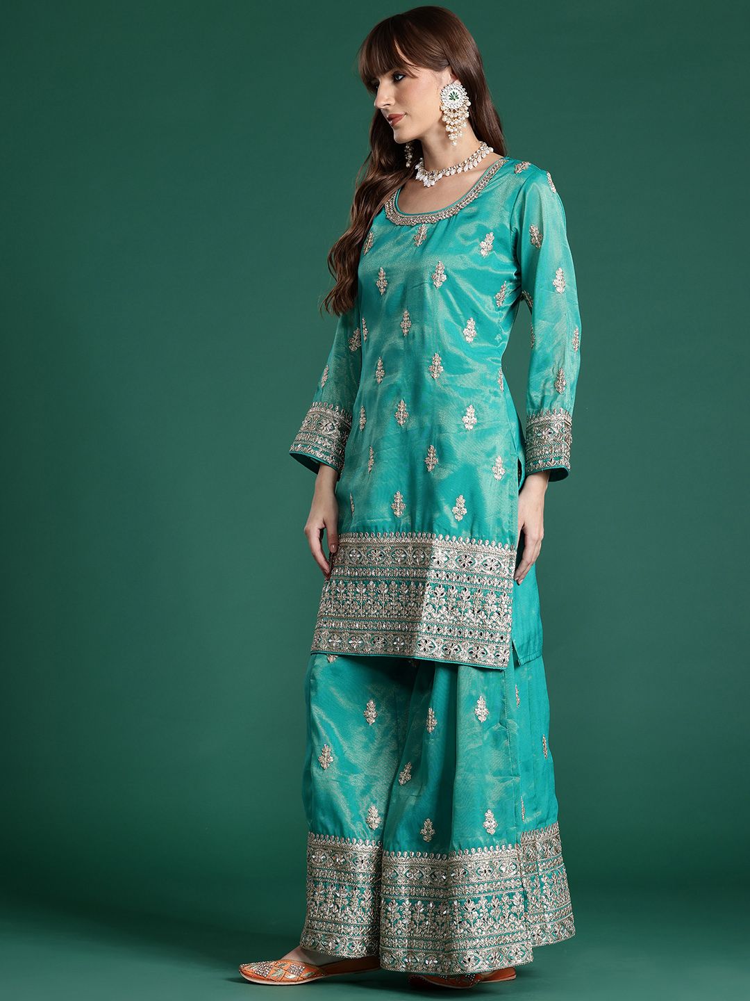 Ethnic Motifs Embroidered Sequinned Kurta with Palazzos & Dupatta