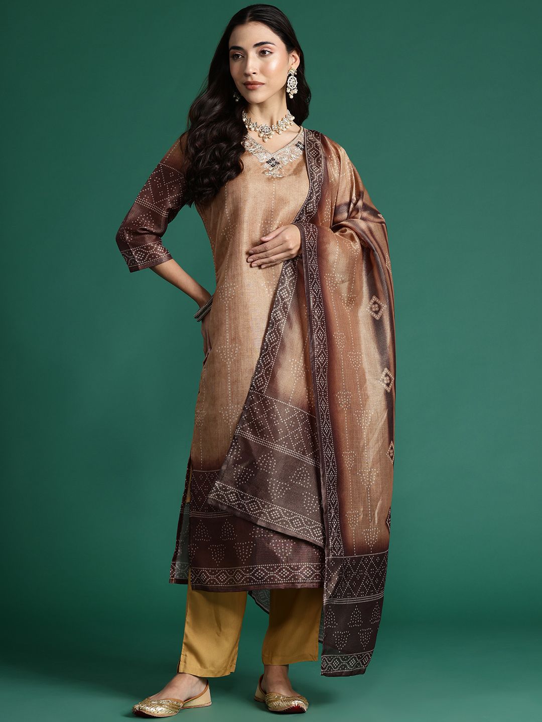 Bandhani Printed Thread Work Kurta with Trousers & With Dupatta