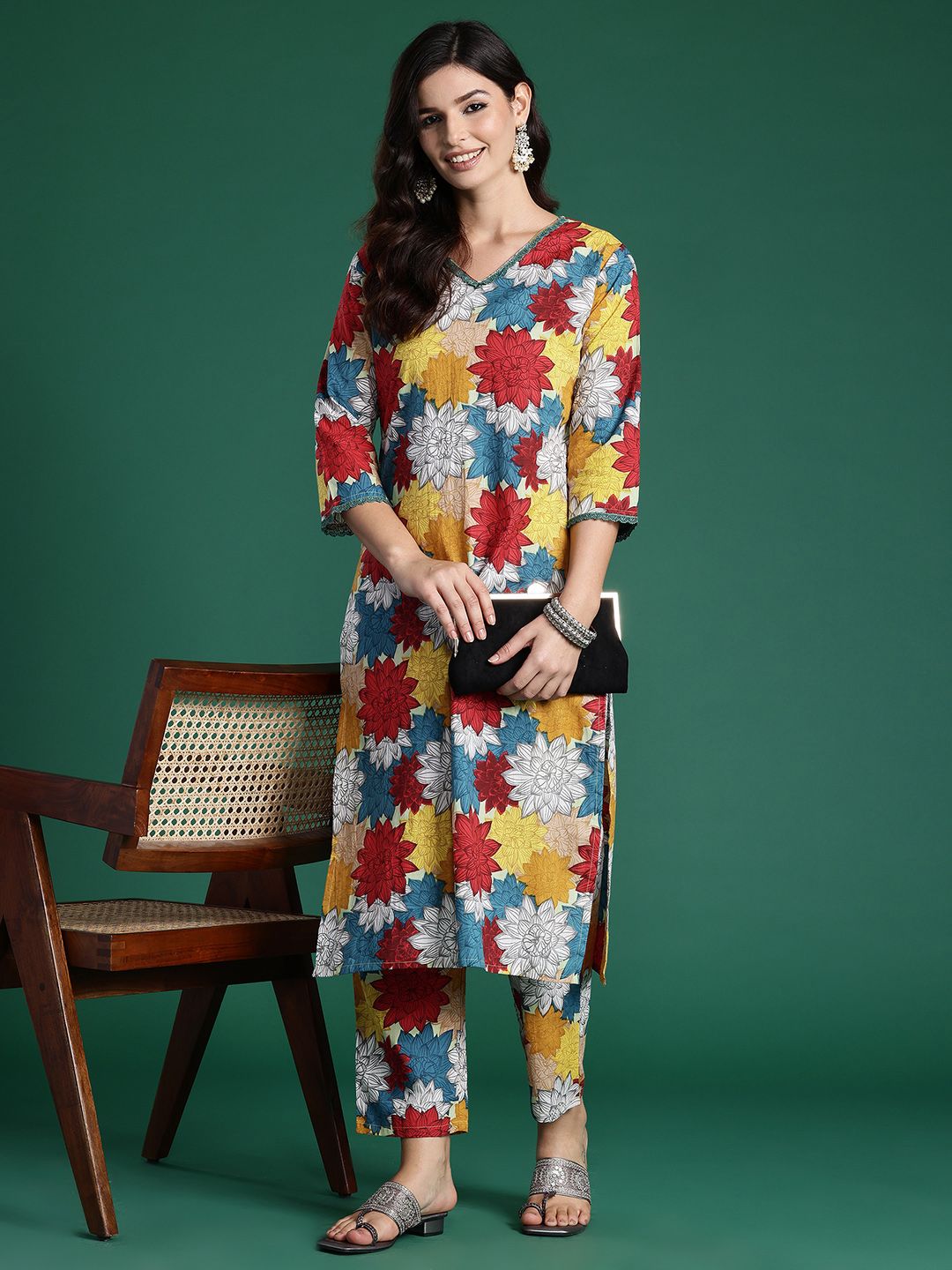 Dhiyona IE Floral Printed Pure Cotton Kurta with Trousers